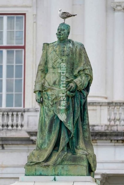 Statue of king Carlos I of Portugal (with a seagull on his head) in front of Palacio Nacional da Ajuda, Lisbon