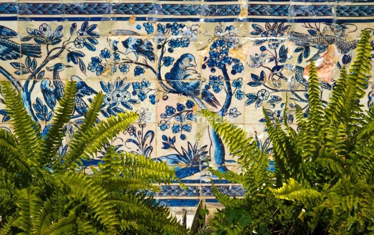 Traditional Portuguese Azulejos with Botanical Motifs at Palácio Fronteira, Lisbon, Portugal
