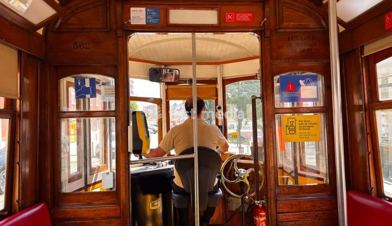 Interior of an old tram 24E in Lisbon’s Alfama district, Portugal. Driver's view