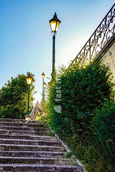 A romantic stairway in Lapa, Lisbon, surrounded by vintage lamps, lush greenery and glowing rays of golden hour light.