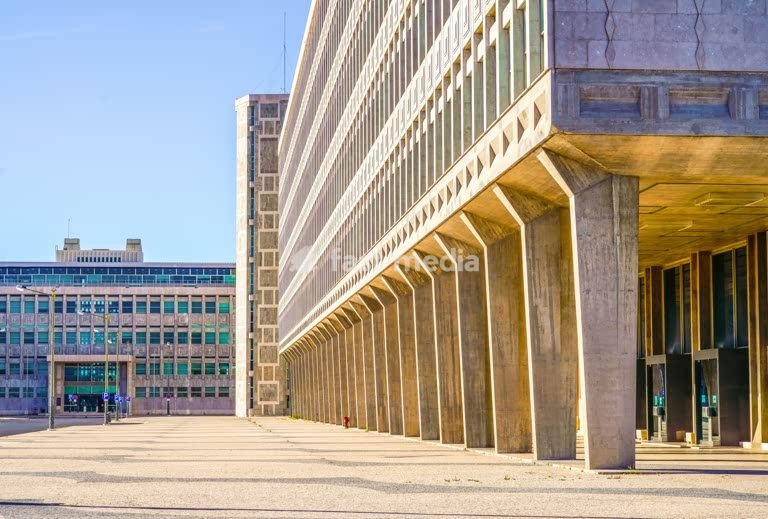 Ministry of Justice building in Lisbon, Portugal. Example of Portuguese modernist architecture with monumental form and strict geometric design.