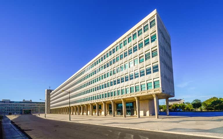 Ministry of Justice building in Lisbon, Portugal. Example of Portuguese modernist architecture with monumental form and strict geometric design