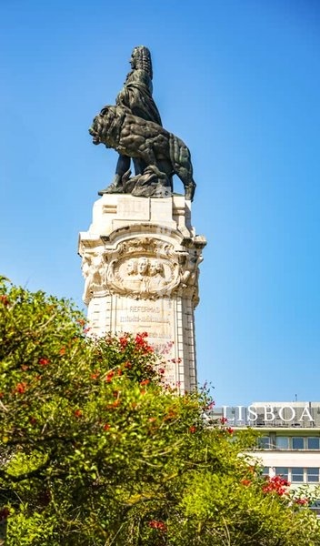 Statue of Marquês de Pombal at Avenida da Liberdade, Lisbon, Portugal. Monument to the 18th century statesman Sebastião José de Carvalho e Melo