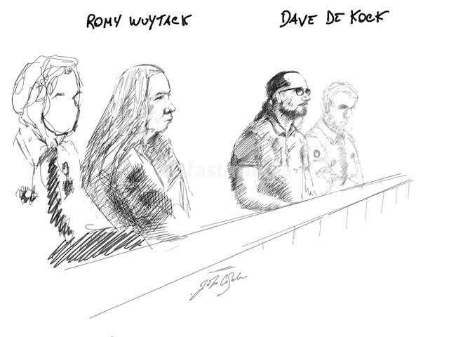 This drawing by Jonathan De Cesare shows the accused Romy Wuytack and Dave De Cock during the composition of the jury in the case of D. De Kock and his ex-girlfriend R. Wuytack regarding the death of Dean Verberckmoes, before the Assizes Court of East-Flanders in Gent, on Monday 5 October 2026. De…