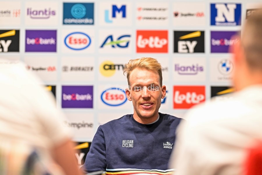 Belgian Sander De Pestel is pictured during a press conference at the cycling UEC Road European Championships, in Ljubljana, Slovenia Monday 5 October 2026. The UEC Road European Championships are taking place from 02 to 07 October in Ljubljana, Slovenia
