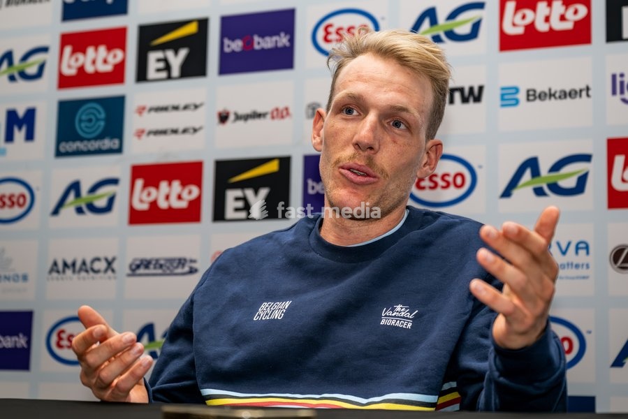 Belgian Sander De Pestel is pictured during a press conference at the cycling UEC Road European Championships, in Ljubljana, Slovenia Monday 5 October 2026. The UEC Road European Championships are taking place from 02 to 07 October in Ljubljana, Slovenia