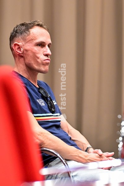Coach of the Belgian national cycling team Serge Pauwels pictured during a press conference at the cycling UEC Road European Championships, in Ljubljana, Slovenia Monday 5 October 2026. The UEC Road European Championships are taking place from 02 to 07 October in Ljubljana, Slovenia