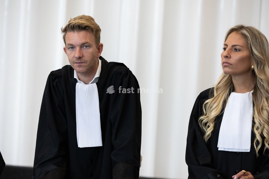 Lawyer Nick Heinen and lawyer Justine De Poorter pictured during the composition of the jury in the case of D. De Kock and his ex-girlfriend R. Wuytack regarding the death of Dean Verberckmoes, before the Assizes Court of East-Flanders in Gent, on Monday 5 October 2026. De Kock is accused of…