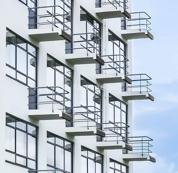Bauhaus Dessau, balconies on student's house, iconic modernist architecture by Walter Gropius, Dessau, Saxony-Anhalt, Germany