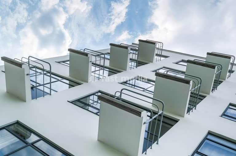 Bauhaus Dessau, balconies on student's house, iconic modernist architecture by Walter Gropius, Dessau, Saxony-Anhalt, Germany
