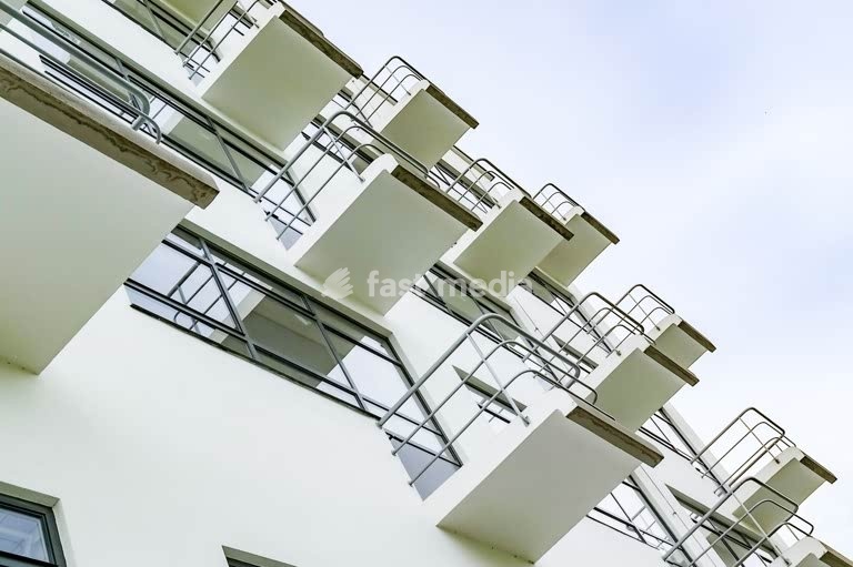 Bauhaus Dessau, balconies on student's house, iconic modernist architecture by Walter Gropius, Dessau, Saxony-Anhalt, Germany