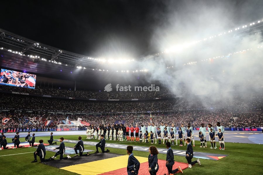 Belgium's players pictured at the start of a soccer game between France and Belgian national team Red Devils, on Monday 5 October 2026 in Saint-Denis, France, the fourth (of 6) game of the UEFA Nations League group stage