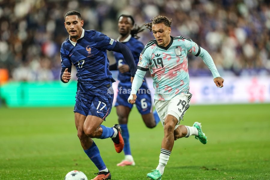 France's Maxence Lacroix and Belgium's Diego Moreira Da Silva fight for the ball during a soccer game between France and Belgian national team Red Devils, on Monday 5 October 2026 in Saint-Denis, France, the fourth (of 6) game of the UEFA Nations League group stage