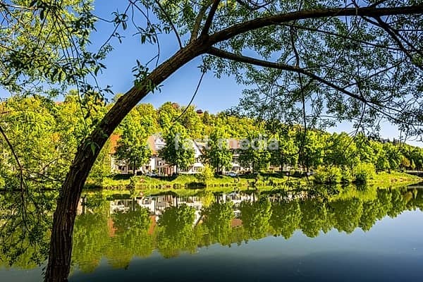 Beautiful waterfront of the Neckar River in Tübingen in spring