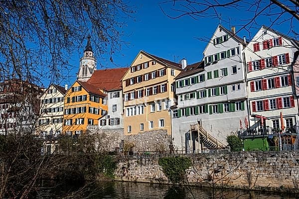 Colourful historic half-district houses on the riverbank of Tübingen in southern Germany