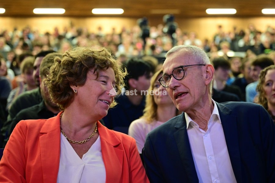 UGent Rector Petra De Sutter and Vice-prime minister and minister and minister of Public Health and Social Affairs Frank Vandenbroucke pictured during the Introductory lecture for the Political Science Course by Professors Devos and Bouteca, Tuesday 6 October 2026, in UGent