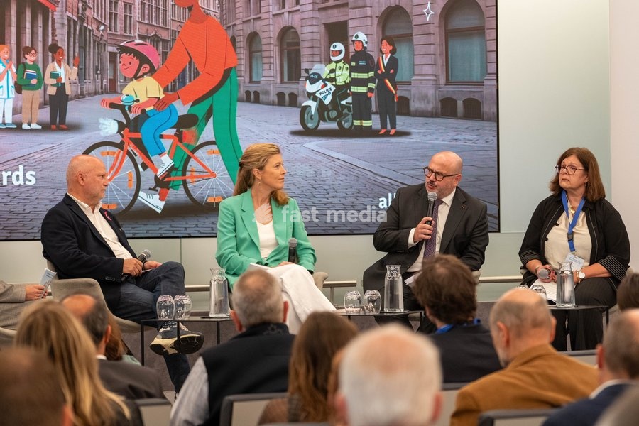 Minister of Climate and Mobility Jean-Luc Crucke (L); Minister of Justice Annelies Verlinden (2L) and Minister of Interior Bernard Quintin (2R) are pictured at a Vias Institute press conference held in connection with the National Road Safety Forum, on Tuesday 6 October 2026, in Brussels
