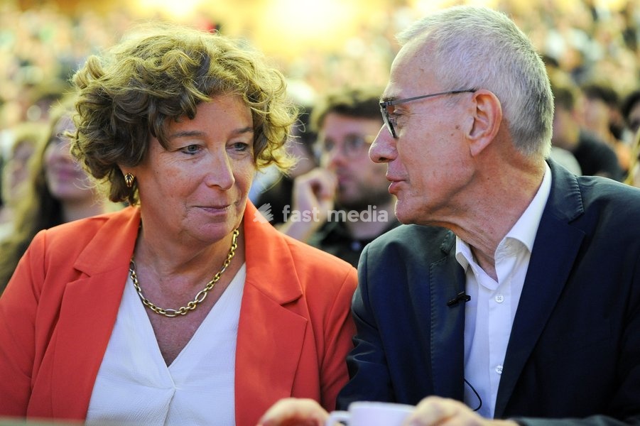 UGent Rector Petra De Sutter and Vice-prime minister and minister and minister of Public Health and Social Affairs Frank Vandenbroucke pictured during the Introductory lecture for the Political Science Course by Professors Devos and Bouteca, Tuesday 6 October 2026, in UGent