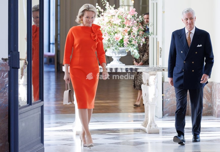 Queen Mathilde of Belgium and King Philippe - Filip of Belgium pictured during a royal meeting with the top Belgian athletes who have distinguished themselves over the past two years, at Laken Royal Castle, on Tuesday 6 October 2026. This concerns athletes who won a medal at a European or World…