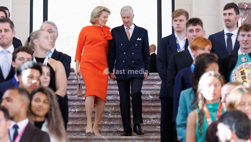 Queen Mathilde of Belgium and King Philippe - Filip of Belgium pictured during a royal meeting with the top Belgian athletes who have distinguished themselves over the past two years, at Laken Royal Castle, on Tuesday 6 October 2026. This concerns athletes who won a medal at a European or World…