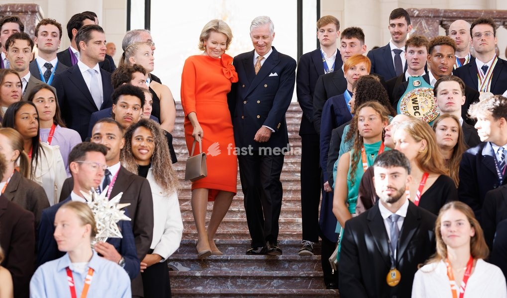 Queen Mathilde of Belgium and King Philippe - Filip of Belgium pictured during a royal meeting with the top Belgian athletes who have distinguished themselves over the past two years, at Laken Royal Castle, on Tuesday 6 October 2026. This concerns athletes who won a medal at a European or World…