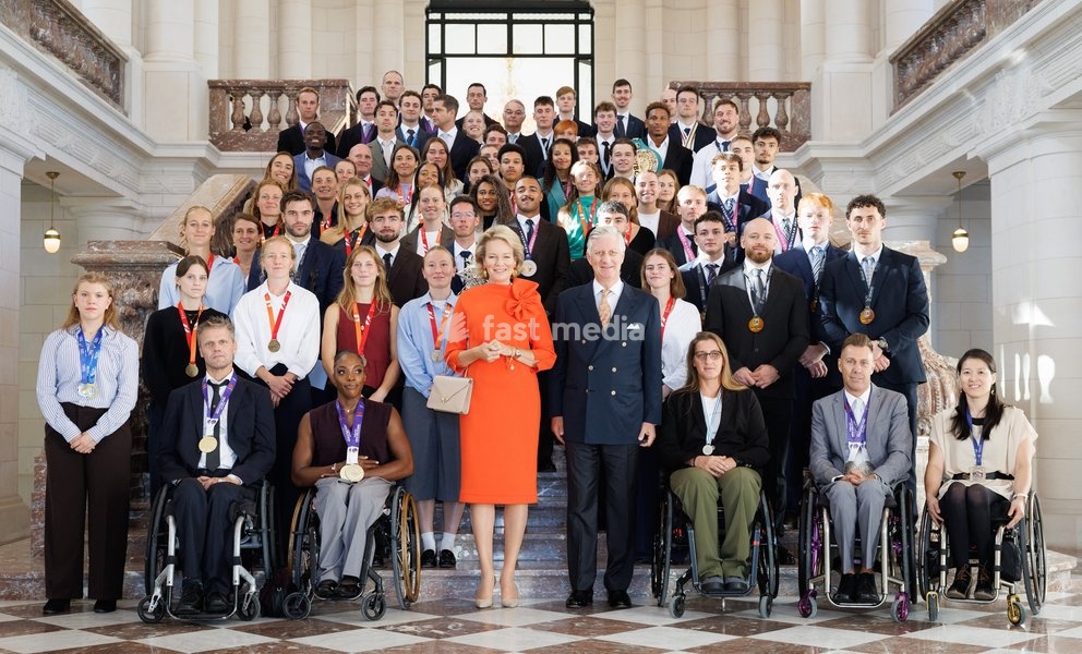 Queen Mathilde of Belgium and King Philippe - Filip of Belgium pictured during a royal meeting with the top Belgian athletes who have distinguished themselves over the past two years, at Laken Royal Castle, on Tuesday 6 October 2026. This concerns athletes who won a medal at a European or World…
