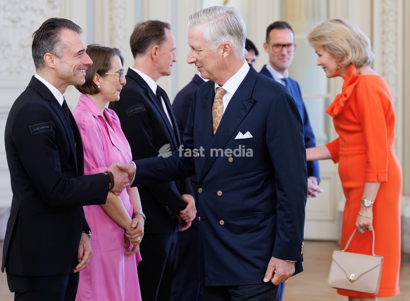 CEO Team Belgium Cédric Van Branteghem and King Philippe of Belgium pictured during a royal meeting with the top Belgian athletes who have distinguished themselves over the past two years, at Laken Royal Castle, on Tuesday 6 October 2026. This concerns athletes who won a medal at a European or…