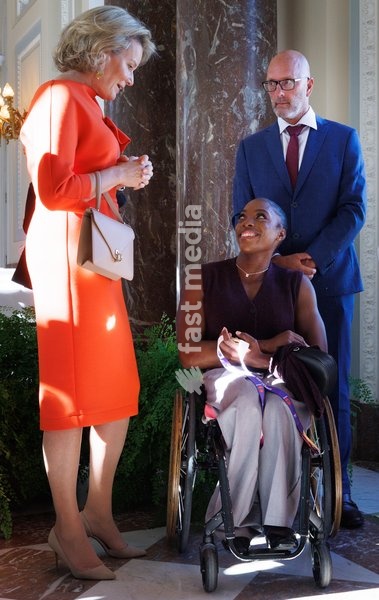 Queen Mathilde of Belgium and Belgian Paralympian athlete Lea Bayekula pictured during a royal meeting with the top Belgian athletes who have distinguished themselves over the past two years, at Laken Royal Castle, on Tuesday 6 October 2026. This concerns athletes who won a medal at a European or…