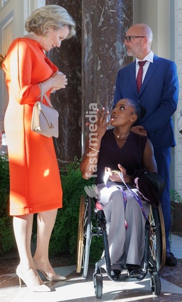 Queen Mathilde of Belgium and Belgian Paralympian athlete Lea Bayekula pictured during a royal meeting with the top Belgian athletes who have distinguished themselves over the past two years, at Laken Royal Castle, on Tuesday 6 October 2026. This concerns athletes who won a medal at a European or…