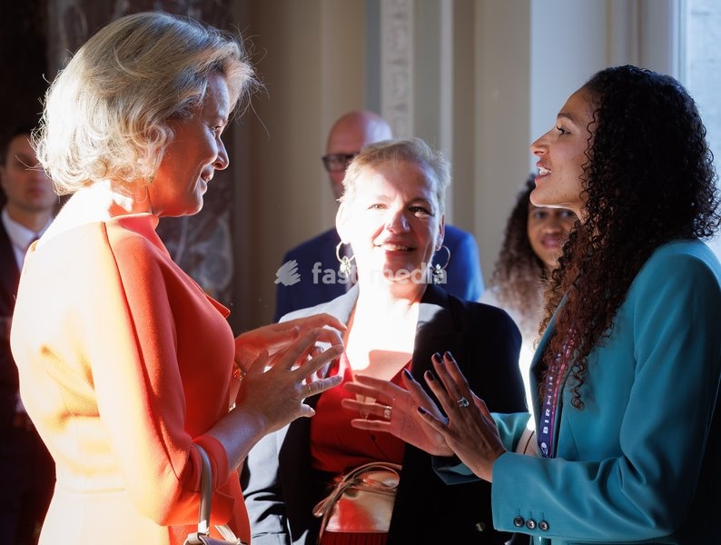 Queen Mathilde of Belgium pictured during a royal meeting with the top Belgian athletes who have distinguished themselves over the past two years, at Laken Royal Castle, on Tuesday 6 October 2026. This concerns athletes who won a medal at a European or World Championship in an Olympic or Paralympic…
