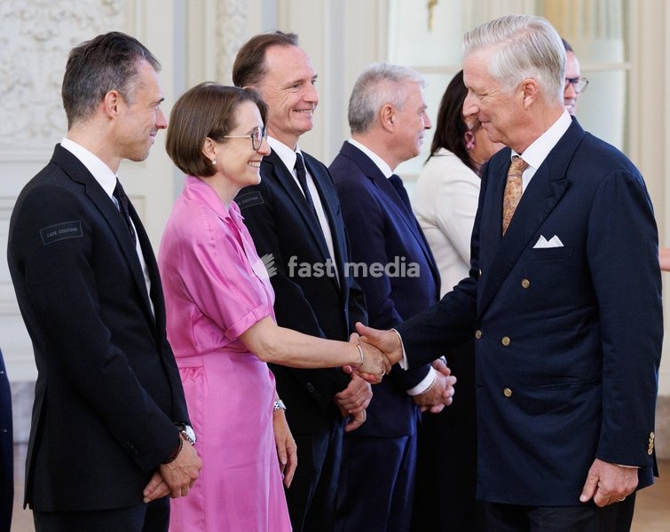 BOIC - COIB CEO Cedric Van Branteghem; President of the Belgian Paralympic Committee Ellen Van Camp; BOIC - COIB chairman Jean-Michel Saive and King Philippe - Filip of Belgium pictured during a royal meeting with the top Belgian athletes who have distinguished themselves over the past two years,…