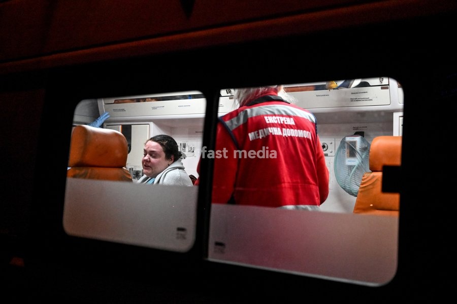 A woman who suffered burns in a Russian strike on a nine-story residential building receives medical treatment in an ambulance in the Kosmichnyi district of Zaporizhzhia, Ukraine, on October 5, 2026. Five people were injured in the Russian attack, one of them seriously. Rescuers evacuated three…