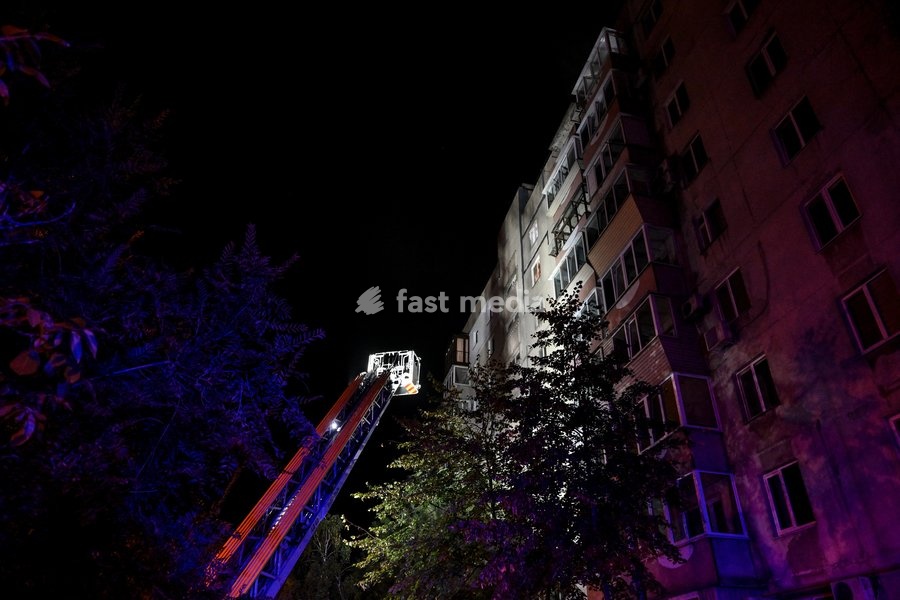 An aerial ladder is seen outside a nine-story residential building hit by a Russian drone during efforts to eliminate the aftermath of the Russian strike in the Kosmichnyi district of Zaporizhzhia, Ukraine, on October 5, 2026. Five people were injured in the Russian attack, one of them seriously.…