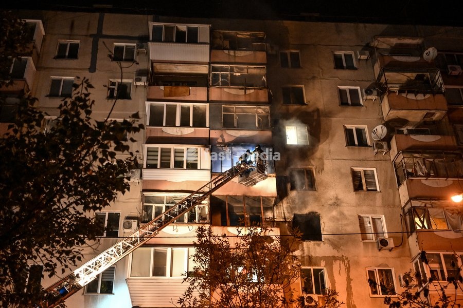 An aerial ladder is seen outside a nine-story residential building hit by a Russian drone during efforts to eliminate the aftermath of the Russian strike in the Kosmichnyi district of Zaporizhzhia, Ukraine, on October 5, 2026. Five people were injured in the Russian attack, one of them seriously.…