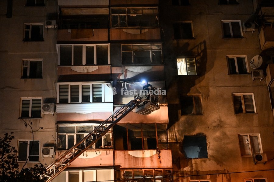 An aerial ladder is seen outside a nine-story residential building hit by a Russian drone during efforts to eliminate the aftermath of the Russian strike in the Kosmichnyi district of Zaporizhzhia, Ukraine, on October 5, 2026. Five people were injured in the Russian attack, one of them seriously.…
