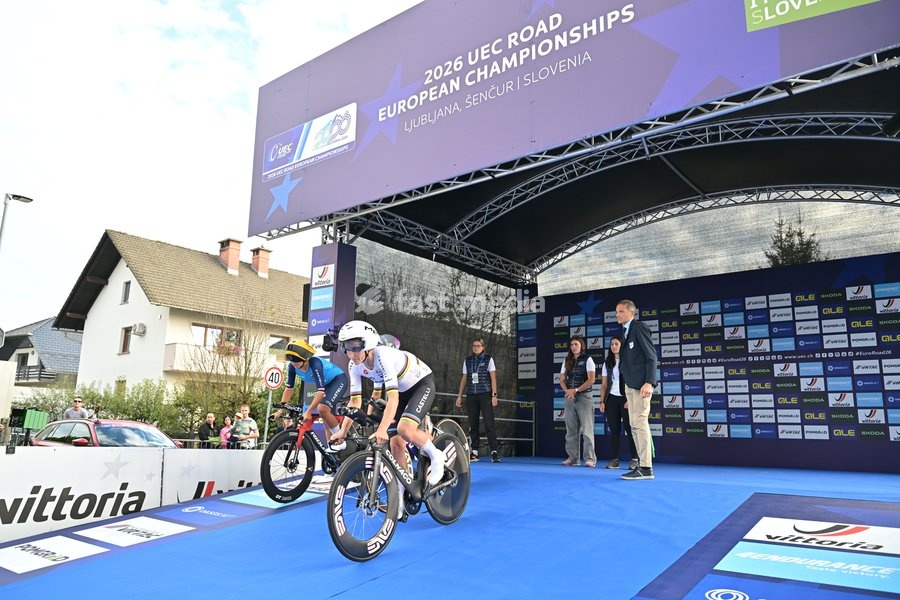 Team Italy riders pictured at the start of the time trial mixed relay elite race (44,2 km) at the cycling UEC Road European Championships, in Ljubljana, Slovenia Tuesday 6 October 2026. The UEC Road European Championships are taking place from 02 to 07 October in Ljubljana, Slovenia