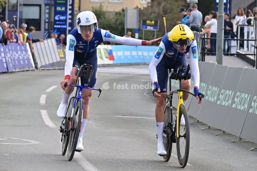 Team France riders pictured at the time trial mixed relay elite race (44,2 km) at the cycling UEC Road European Championships, in Ljubljana, Slovenia Tuesday 6 October 2026. The UEC Road European Championships are taking place from 02 to 07 October in Ljubljana, Slovenia