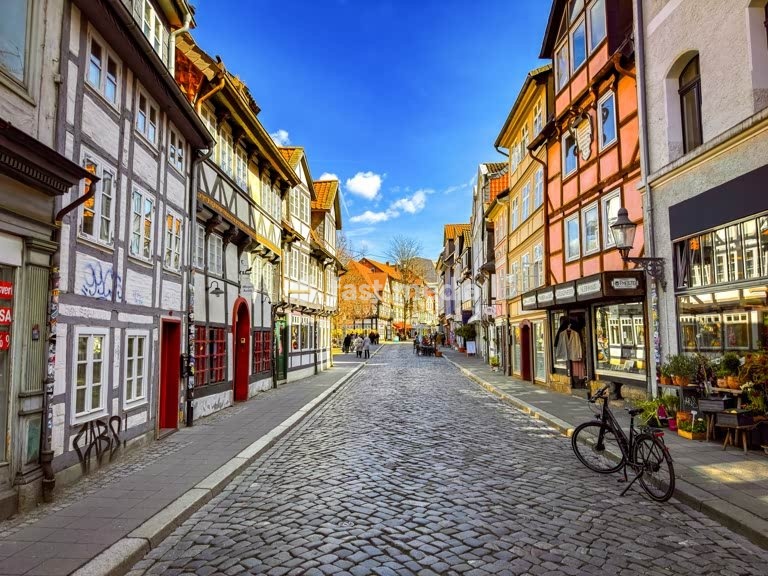 Half timbered houses in Magni district, reconstructed historic street, Brunswick, Lower Saxony, Germany. Most of the city was destroyed in WWII