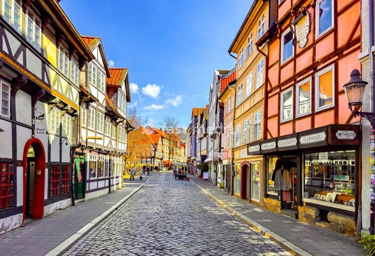 Half timbered houses in Magni district, reconstructed historic street, Brunswick, Lower Saxony, Germany. Most of the city was destroyed in WWII.
