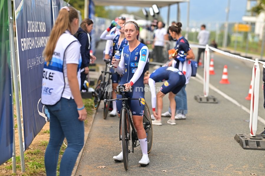 French Cedrine Kerbaol pictured after the time trial mixed relay elite race (44,2 km) at the cycling UEC Road European Championships, in Ljubljana, Slovenia Tuesday 6 October 2026. The UEC Road European Championships are taking place from 02 to 07 October in Ljubljana, Slovenia