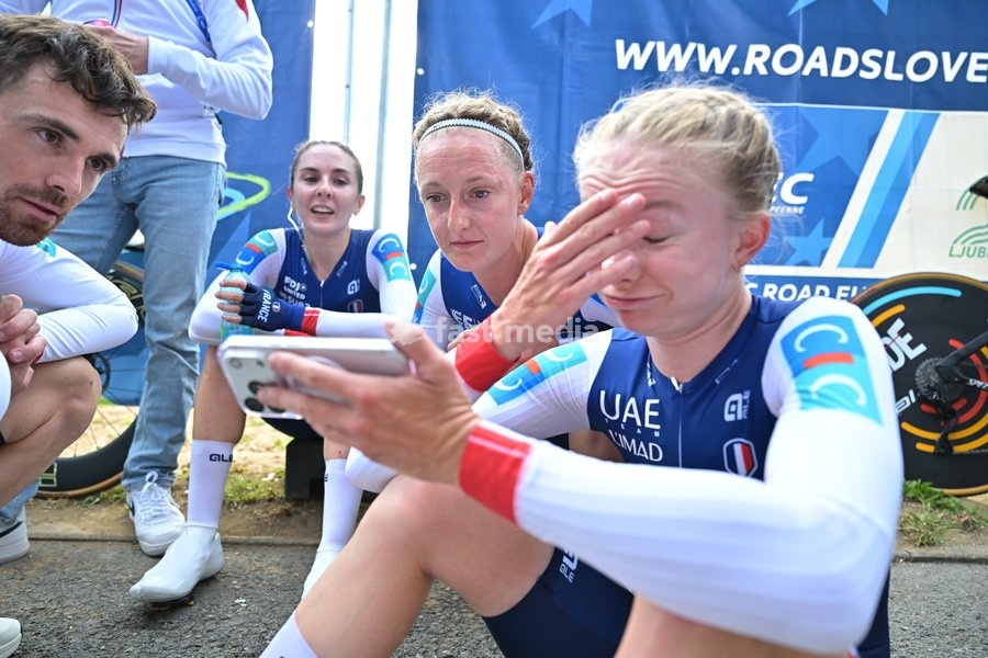 French Juliette Berthet; French Cedrine Kerbaol and French Maeva Squiban pictured after the time trial mixed relay elite race (44,2 km) at the cycling UEC Road European Championships, in Ljubljana, Slovenia Tuesday 6 October 2026. The UEC Road European Championships are taking place from 02 to 07…