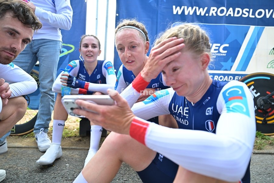 French Juliette Berthet; French Cedrine Kerbaol and French Maeva Squiban pictured after the time trial mixed relay elite race (44,2 km) at the cycling UEC Road European Championships, in Ljubljana, Slovenia Tuesday 6 October 2026. The UEC Road European Championships are taking place from 02 to 07…