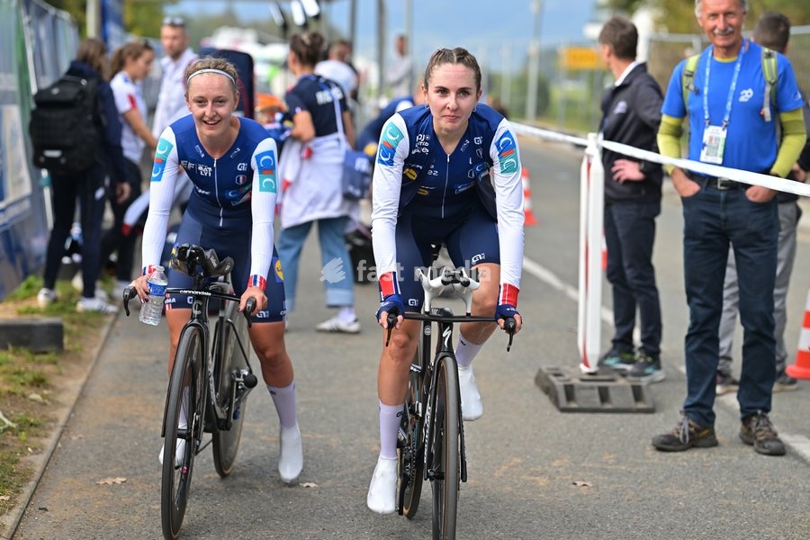French Cedrine Kerbaol and French Juliette Berthet pictured after the time trial mixed relay elite race (44,2 km) at the cycling UEC Road European Championships, in Ljubljana, Slovenia Tuesday 6 October 2026. The UEC Road European Championships are taking place from 02 to 07 October in Ljubljana,…