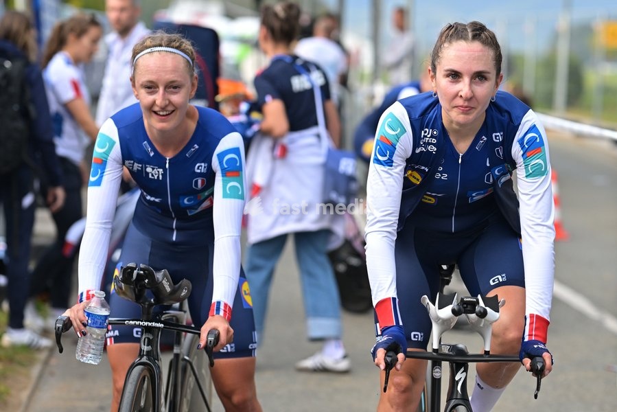 French Cedrine Kerbaol and French Juliette Berthet pictured after the time trial mixed relay elite race (44,2 km) at the cycling UEC Road European Championships, in Ljubljana, Slovenia Tuesday 6 October 2026. The UEC Road European Championships are taking place from 02 to 07 October in Ljubljana,…