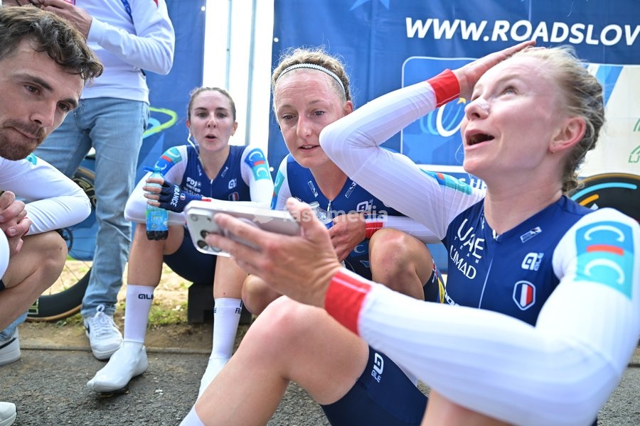 French Juliette Berthet; French Cedrine Kerbaol and French Maeva Squiban pictured after the time trial mixed relay elite race (44,2 km) at the cycling UEC Road European Championships, in Ljubljana, Slovenia Tuesday 6 October 2026. The UEC Road European Championships are taking place from 02 to 07…