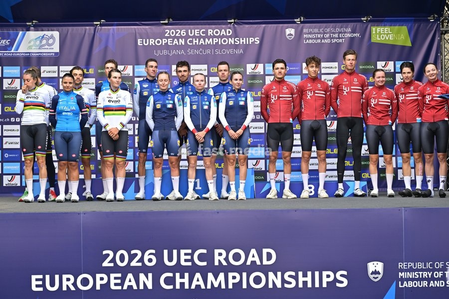 Team Italy, Team France and Team Luxembourg celebrate on the podium of the time trial mixed relay elite race (44,2 km) at the cycling UEC Road European Championships, in Ljubljana, Slovenia Tuesday 6 October 2026. The UEC Road European Championships are taking place from 02 to 07 October in…