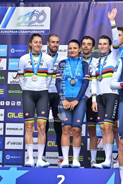 Second placed Team Italy celebrates on the podium of the time trial mixed relay elite race (44,2 km) at the cycling UEC Road European Championships, in Ljubljana, Slovenia Tuesday 6 October 2026. The UEC Road European Championships are taking place from 02 to 07 October in Ljubljana, Slovenia
