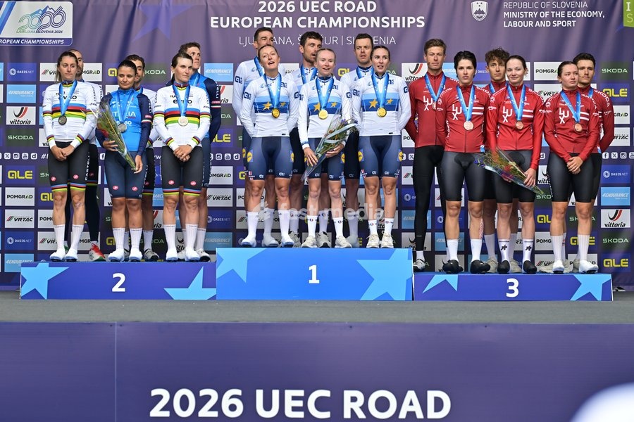 Team Italy, Team France and Team Luxembourg celebrate on the podium of the time trial mixed relay elite race (44,2 km) at the cycling UEC Road European Championships, in Ljubljana, Slovenia Tuesday 6 October 2026. The UEC Road European Championships are taking place from 02 to 07 October in…