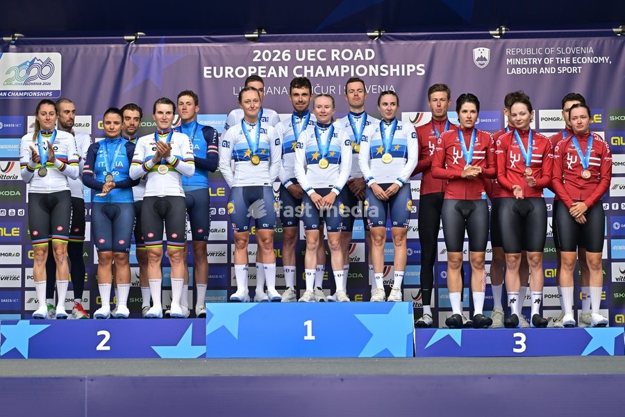Team Italy, Team France and Team Luxembourg celebrate on the podium of the time trial mixed relay elite race (44,2 km) at the cycling UEC Road European Championships, in Ljubljana, Slovenia Tuesday 6 October 2026. The UEC Road European Championships are taking place from 02 to 07 October in…
