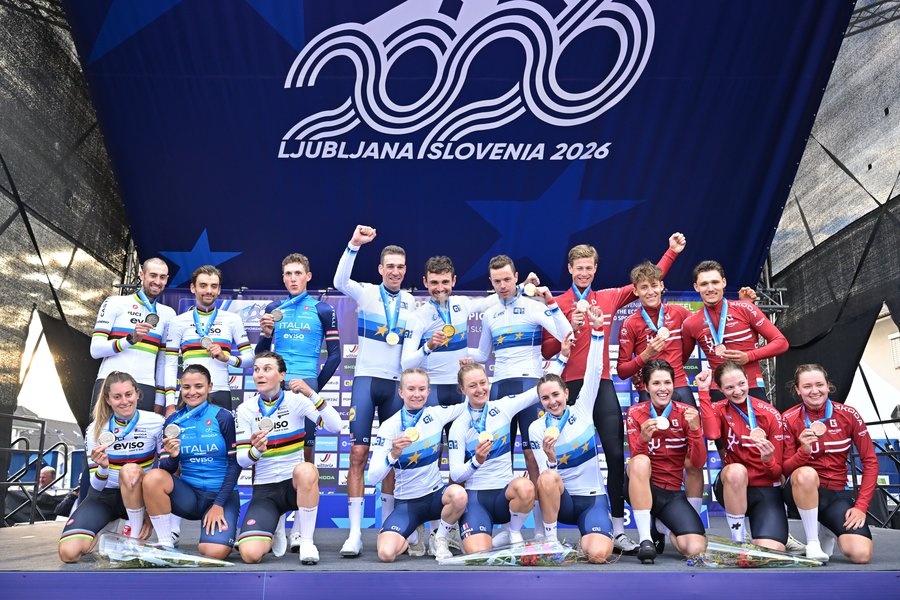 Team Italy, Team France and Team Luxembourg celebrate on the podium of the time trial mixed relay elite race (44,2 km) at the cycling UEC Road European Championships, in Ljubljana, Slovenia Tuesday 6 October 2026. The UEC Road European Championships are taking place from 02 to 07 October in…